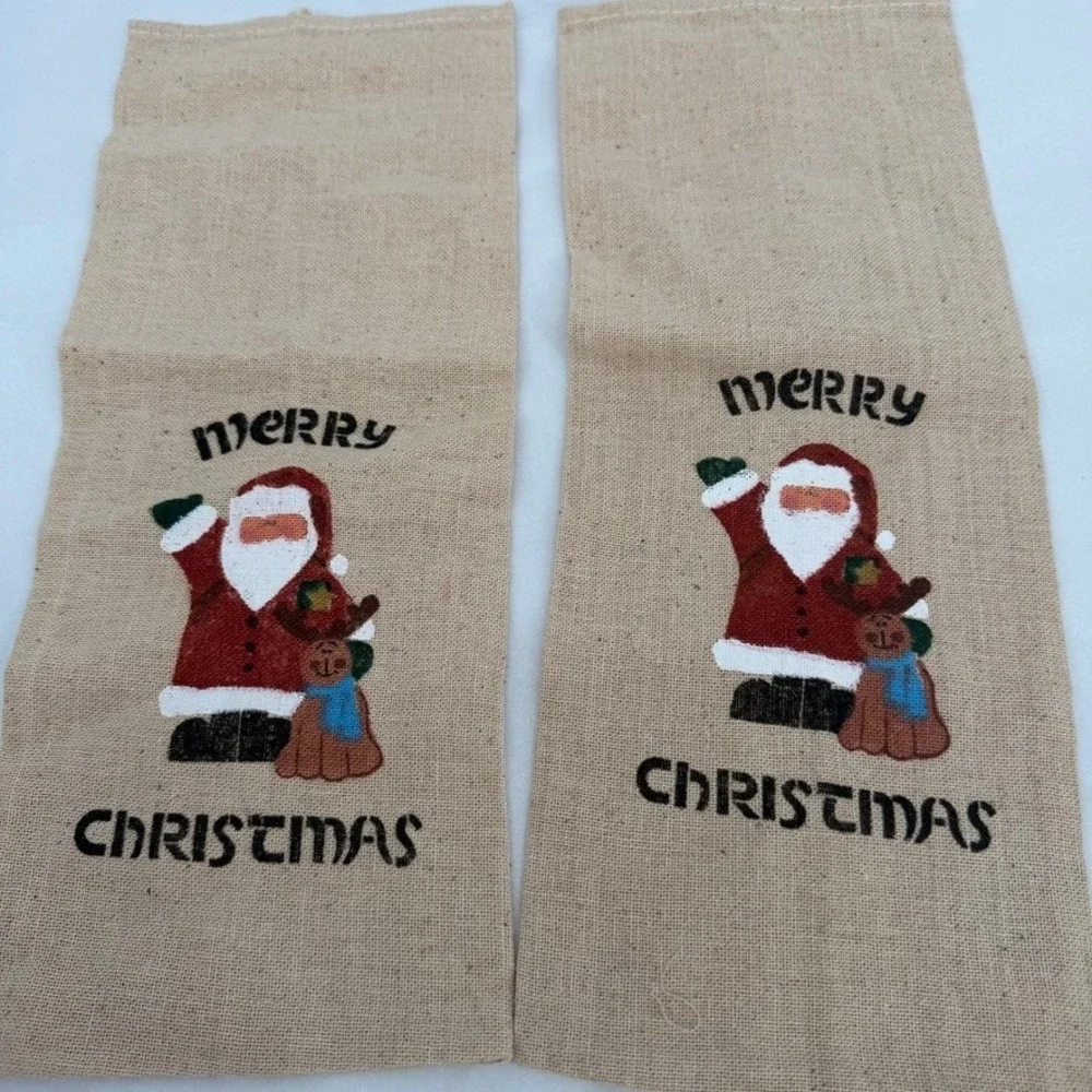 Christmas Wine Gift Bags Burlap Holiday Character Set of 6 with 3 Tie Charms